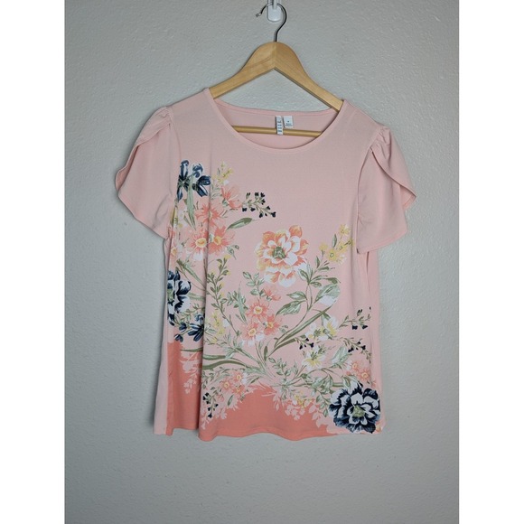 Elle Tops - ELLE T-Shirt Womens M Pink Floral Scoop Neck Flutter Sleeve Jersey Stretch